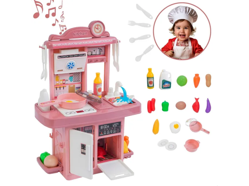 Kit Mini Cozinha De Brinquedo Fogão Geladeira Forno Solta Água E Som Cor Rosa Atentu